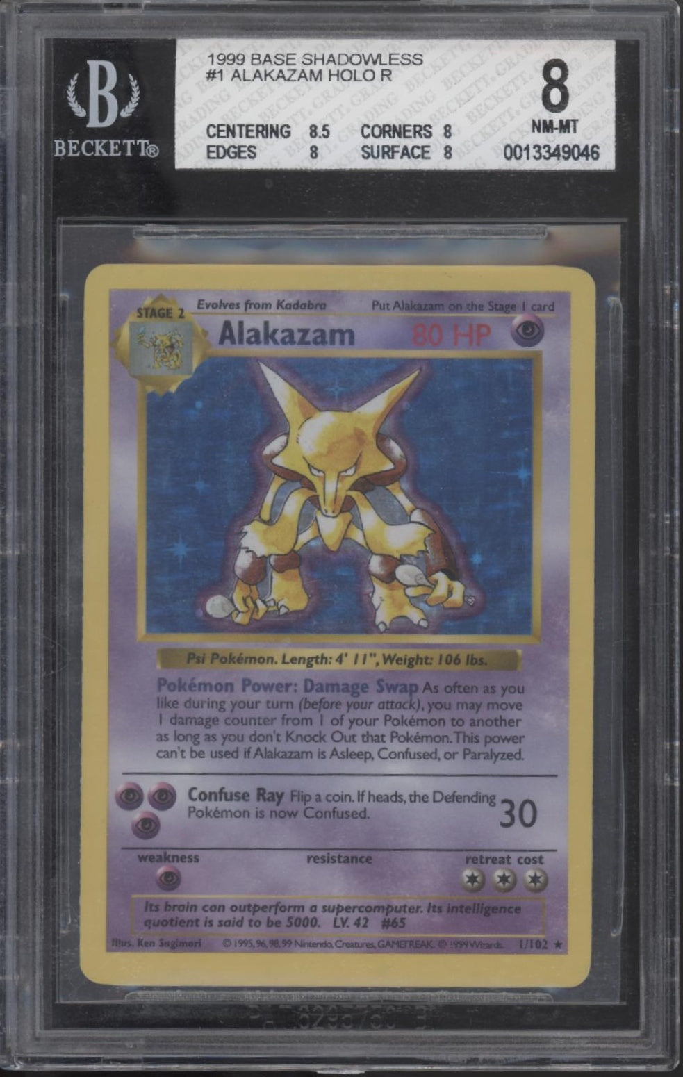 Alakazam Pokemon Base Set Shadowless Holo #1 Beckett 8