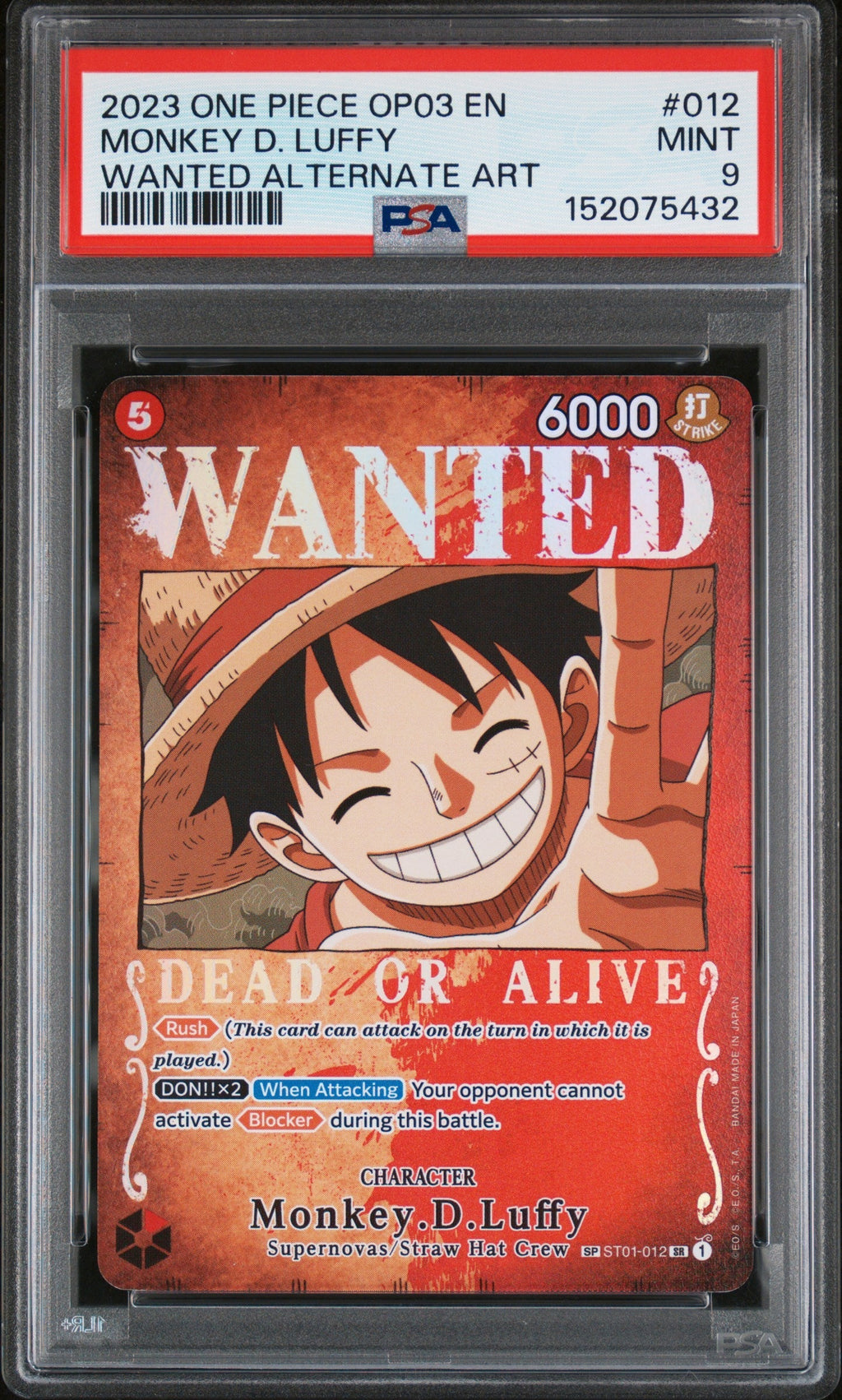 MONKEY D. LUFFY WANTED ALTERNATE ART 2023 ONE PIECE OP03-PILLARS OF STRENGTH PSA MINT 9
