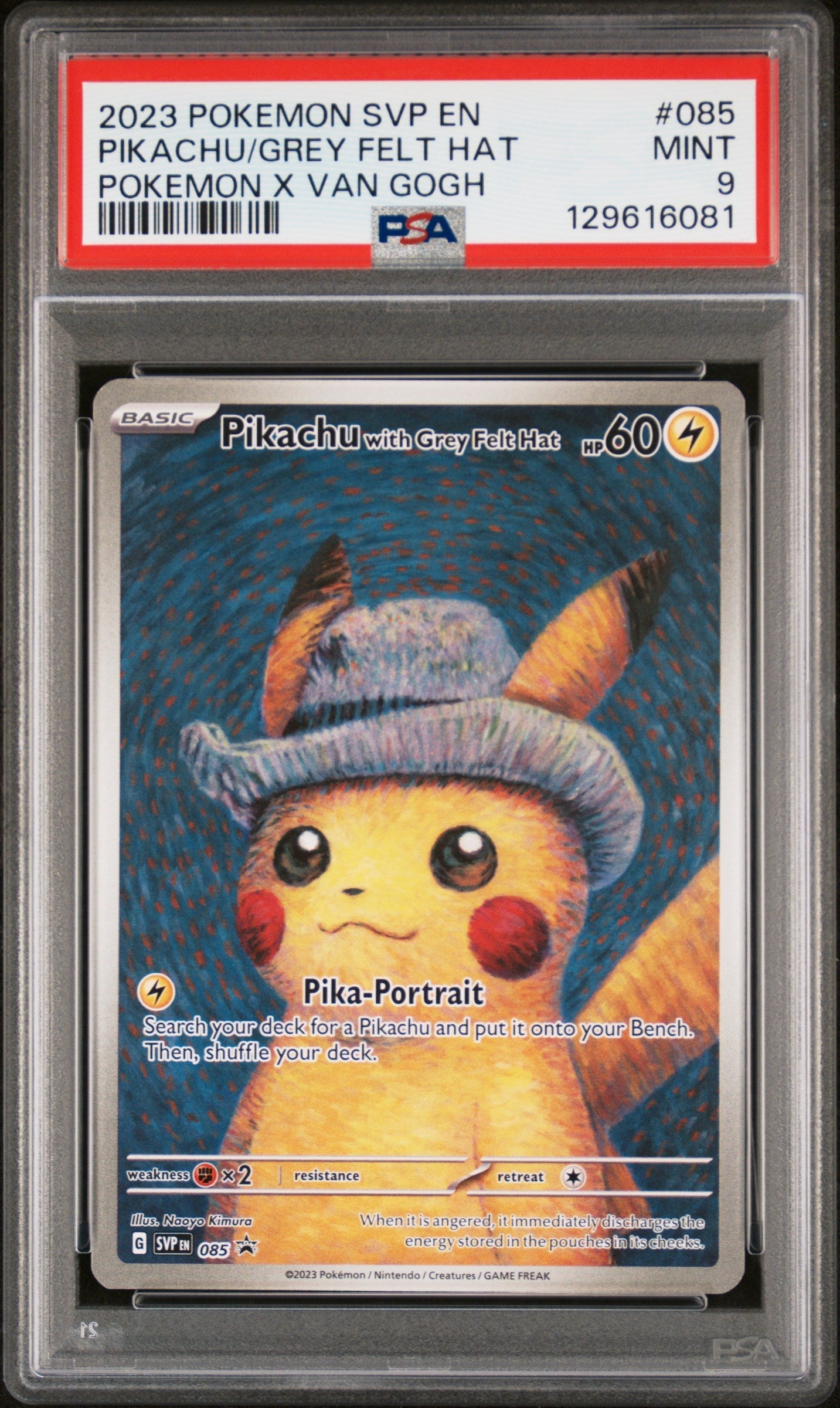 PIKACHU/GREY FELT HAT POKEMON X VAN GOGH 2023 POKEMON SVP EN-SV BLACK STAR PROMO PSA MINT 9